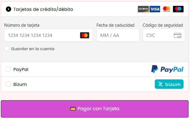 Formulario de pago con tarjeta de crédito o débito en el checkout de Punto de Diamante