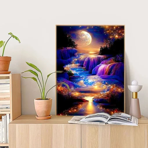 Cuadro Paisaje Luna y Cascada Diamond Painting