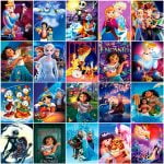 Punto De Diamante: collage colorido de princesas y personajes de Disney y Pixar en un mosaico lleno de magia.