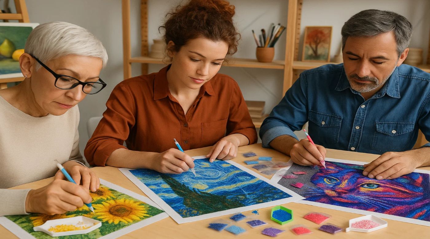 Tres personas se concentran en un proyecto de Diamond Painting en una mesa, mostrando diferentes diseños coloridos. Perfecta ilustración de Diamond Painting y cómo iniciar con este divertido pasatiempo artístico.