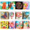 Maquetador de Categorías – Tarjetas: colección de tarjetas festivas y coloridas con flores, mariposas y globos para celebrar ocasiones especiales.