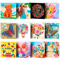 Maquetador de Categorías – Tarjetas: colección de tarjetas festivas y coloridas con flores, mariposas y globos para celebrar ocasiones especiales.