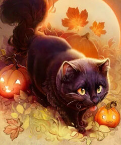 Gato de Halloween Bordado de Diamante 5D DIY: Un gato negro camina entre calabazas sonrientes y hojas de otoño, con la luna llena brillando en un fondo cálido.