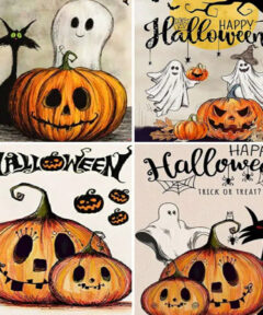 Ilustración de fantasía con un gato negro junto a una calabaza tallada y un fantasma, rodeados de calabazas sonrientes y expresiones de Halloween, acompañados por los textos "Happy Halloween" y "Trick or Treat?", evocando el ambiente festivo del 'Calabaza Happy Halloween Bordado de Diamantes'.