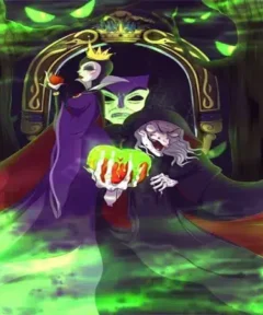 Una figura de fantasía de una bruja casera villana cuento pintura diamante, con una corona dorada y capa morada, sostiene una manzana roja frente a un espejo que revela un rostro verde, acompañada por una anciana de manos esqueléticas bajo un humo verde brillante, con ojos iluminados en un fondo oscuro y mágico.