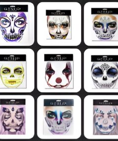 Una cuadrícula de tres por tres muestra una serie de máscaras impresas con imágenes de calaveras decoradas en colores morado, amarillo, negro y azul, todas con bordes redondeados negros sobre un fondo blanco, destacando la temática 'Pegatina Facial Halloween Diamond Painting'.