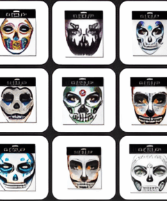 Pegatina Tatuaje Halloween Diamantes Imitación, Diseños Calavera en Máscaras Coloridas, Fondo Blanco