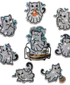 Posavasos Fantasmas Halloween Bordado Diamante con Gatos Estilizados Brillantes y Soporte Metálico