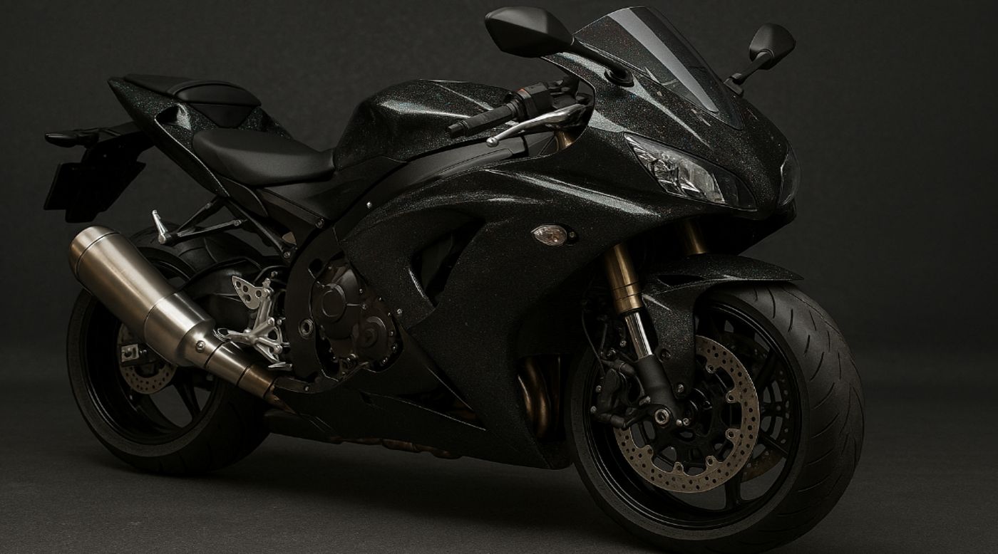 Moto negra deportiva con pintura de diamantes, brillante y detallada en un estudio. Descubre cómo lograr este acabado único con nuestra guía de pintura de diamantes Moto Negra. Ideal para entusiastas y expertos en personalización de motocicletas.