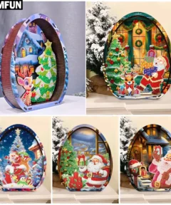 Ilustraciones navideñas en marcos ovalados muestran figuras de Papá Noel repartiendo regalos envueltos junto a árboles de Navidad decorados, rodeados de renos, luces de colores, copos de nieve, y ventanas adornadas en fondos nevados, componiendo un encantador y festivo Regalo Creativo de Papá Noel 3D Kit Diamond Painting.