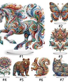 Kit de Adornos de Mesa Pintura Diamantes 5D: caballo decorativo con patrones coloridos, mariposa con detalles intrincados y colores vivos, flor de loto estilizada y simétrica, flor ornamental en varios tonos, oso con diseño detallado, ardilla con cola elaborada, y gato con patrones intrincados y colores vivos.