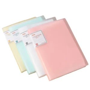 Carpetas transparentes en tonos pasteles apiladas ordenadamente, ideales para organización y estilo en oficinas modernas.