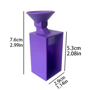 Objeto de color morado con forma rectangular y un embudo en la parte superior, mide 7.6 cm (2.99 in) de altura, 5.3 cm (2.08 in) de ancho y 2.9 cm (1.14 in) de profundidad, ideal para 'Embudo de Diamantes Diamond Painting, Cuadrado y Redondo'.