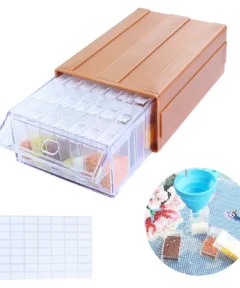 Caja organizadora de cuentas con múltiples compartimentos transparentes y un práctico embudo azul para facilitar el almacenamiento y la transferencia de abalorios.