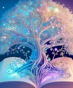 El Cuadro Árbol Vida Literaria Diamond Painting presenta un árbol luminoso emergiendo de un libro abierto, con ramas detalladas y hojas resplandecientes iluminadas por luces brillantes, en un fondo azul y púrpura lleno de elementos mágicos.
