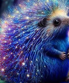 Imagen de un erizo con púas brillantes en tonos azules y morados, titulado 'Cuadro Erizo Diamond Painting', que destaca por su estilo artístico y efectos luminosos.