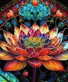 Cuadro Flor de Loto Diamond Painting con vibrantes tonos de rojo, naranja y azul, representados en un diseño tipo vitral con intricadas flores y hojas alrededor.