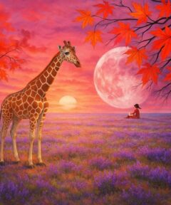 Una escena mágica de un "Cuadro Jirafa en el Campo Diamond Painting", donde una jirafa se alza majestuosamente en un campo de flores moradas bajo un cielo rosado y naranja, con un sol en el horizonte, una gran luna en el cielo, y hojas rojas de un árbol, mientras una persona está sentada contemplando el paisaje.