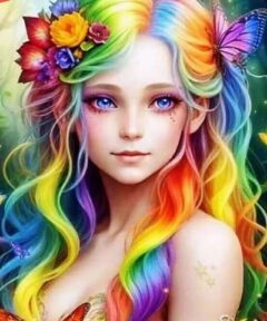 Una mujer de fantasía con cabello arcoíris rodeada de mariposas y flores, destacando en un vibrante entorno natural; Cuadro Ninfa Flores y Mariposas Diamond Painting.