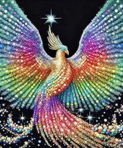 Un majestuoso ave fénix resplandece en una explosión de colores vivos sobre un fondo negro, simbolizando renacimiento y eternidad.