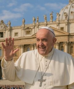 Estoy seguro de que esta imagen no representa a una persona real: Cuadro del Papa Francisco Diamond Painting en la Plaza de San Pedro.