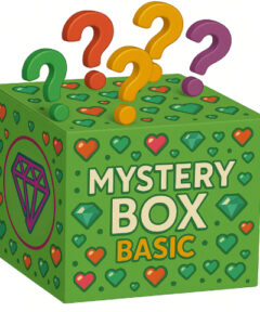 Caja Misteriosa Diamond Painting Básica verde con signos de interrogación en la parte superior, una imagen de diamante en el lado, texto "MYSTERY BOX BASIC", corazones rojos y naranjas, y pequeños diamantes verdes.