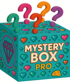 Caja de misterio Pro decorada con diamantes, corazones y signos de interrogación, resaltada por colores vibrantes y un logotipo de diamante en un lateral.