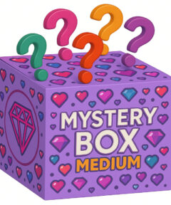 Cubo púrpura decorado con patrones de corazones y joyas, con signos de interrogación de colores en la parte superior y el texto "MYSTERY BOX MEDIUM" en blanco y amarillo, presenta un círculo con un diamante estilizado.