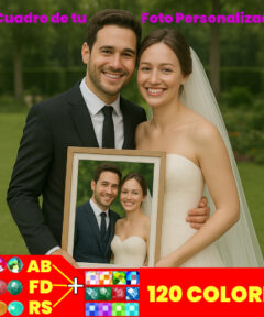 Una pareja sonriente vestida de boda sostiene un cuadro personalizado resplandeciente con 120 colores de punto cruz diamante resina+AB+FD en un entorno natural, destacando su amor y alegría especial.