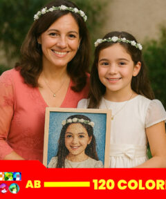 Una mujer de fantasía y una joven sonríen juntas, ambas con coronas de flores, sosteniendo un retrato estilo Cuadro Personalizado Diamond Painting 120 Colores AB que refleja su imagen en delicados tonos brillantes.