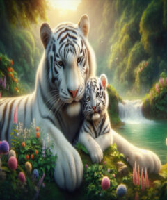 Pintura de diamantes que representa un bebé tigre blanco en un bosque encantador con una cascada y flores coloridas.