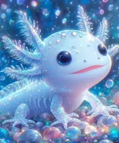 Cuadro Ajolote Brillante Diamond Painting: una criatura de fantasía luminosa y mágica con rasgos inspirados en un ajolote, embellecida con detalles brillantes y rodeada de burbujas que resplandecen en un ambiente etéreo y místico.