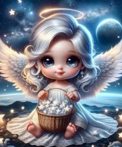 Una figura angelical de fantasía con grandes ojos y alas blancas, luce un cabello rizado y plateado con una aureola dorada sobre su cabeza, vestida de blanco y sosteniendo un cesto lleno de estrellas sobre un fondo celestial de nubes y un cielo estrellado, con un planeta visible, representando el 'Cuadro Ángel Bebé Punto de Diamante 5D'.