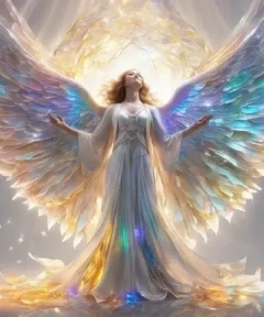 Cuadro Ángel celestial alas Punto de Diamante: una figura mágica con alas iridiscentes extendidas, vestida con una túnica etérea, rodeada de luces resplandecientes que transmiten un aura de serenidad y poder celestial.