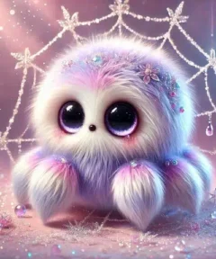 Una adorable arañita de fantasía con un pelaje suave y esponjoso en tonos pastel, decorada con flores brillantes, sentada frente a un telón de fondo de diamantes resplandecientes, evocando la sensación de un Cuadro Arañita Peluche Pastel Diamond Painting.