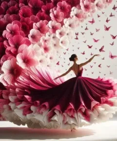Una figura mágica de una bailarina con un vestido floral en tonos rosados y blancos rodeada de pétalos y mariposas, titulada 'Cuadro Bailarina de Flores Punto de Diamante'.