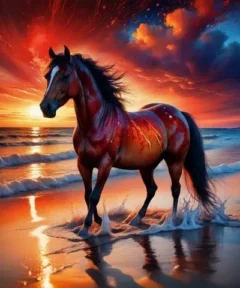 Caballo de fuego pintado con técnica de punto de diamante galopa en una playa al atardecer, capturando la fusión entre el arte y la naturaleza en una puesta de sol vibrante.