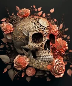 Cráneo decorado con complejos adornos florales y rosas rodeado de hojas sobre un fondo oscuro, titulado Cuadro Calavera Decorativa Diamond Painting.