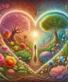 En el cuadro "Camino del Amor Diamond Painting", una figura humana camina hacia un sol brillante en el centro, rodeada de un camino central enmarcado por árboles de hojas rosas y verdes que forman un corazón, mientras un exuberante jardín de flores multicolores decora el paisaje bajo un cielo multicolor.