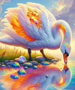 Cuadro Cisne Brillante Punto Cruz de Diamante: un elegante cisne blanco con plumas radiantes y detalles de diamantes, reflejándose en un agua pintoresca al atardecer.