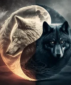 Lobos blanco y negro forman un símbolo de yin y yang bajo una luna llena, en un paisaje nevado con cielo estrellado, representando el 'Cuadro de Diamantes Lobos Yin Yang 5D DIY'.