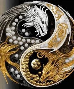 Dragones blanco y dorado con diseño en forma de Yin y Yang, rodeados de perlas blancas y esferas doradas sobre un fondo negro y dorado, con intrincados detalles en las escamas, Cuadro Dragones Dorado Plata Diamond Painting.
