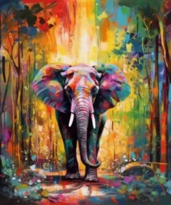 Imagen de un elefante multicolor con un fondo de bosque abstracto, donde los colores vivos y efectos de luces y sombras crean un conjunto de trazos impresionistas, resaltando el contraste de colores cálidos y fríos en el Cuadro Elefante de la Selva Diamond Painting.