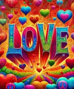 Cuadro Explosión Psicodélica Diamond Painting con la palabra "LOVE" en grandes y coloridas letras, rodeada de un fondo multicolor con patrones psicodélicos, corazones de variados colores y tamaños, incluyendo algunos con símbolos de paz, y un efecto de rayos emanando del texto.