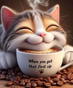 Cuadro Gatito Feliz Café Punto De Diamante con envío gratis, ternura y café en un diseño irresistible para decorar y relajarte.