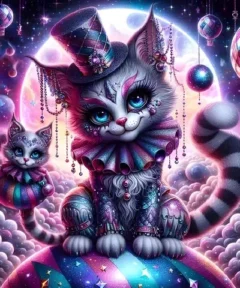 Imagen de una escena mágica donde dos gatos de circo, ataviados con trajes brillantes y decorados con joyas, posan entre nubes y globos iluminados bajo una luna resplandeciente, capturando la esencia del 'Cuadro Gatos de Circo Pintura de Diamantes 5D'.