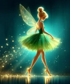 Una figura mágica similar a un hada con cabello recogido y un vestido verde brillante, rodeada de un aura resplandeciente y luciendo delicadas alas luminosas, destacando en el Cuadro Hada Encantada Verde Diamond Painting.