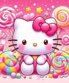 Cuadro Hello Kitty Rosado Pintura de Diamante: Hola Kitty, con un lazo rosado, rodeada de caramelos grandes y coloridos, y un fondo rosado decorado con estrellas y puntos blancos, acompañado de dulces pequeños en tonos pastel.