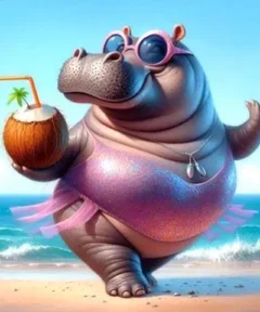 Cuadro Hipopótama en la Playa Diamond Painting: un hipopótamo con gafas de sol rosas y vestido brillante rosa, luciendo un collar azul y sosteniendo un coco con pajilla, se encuentra alegremente en una playa con el mar de fondo y un cielo despejado.