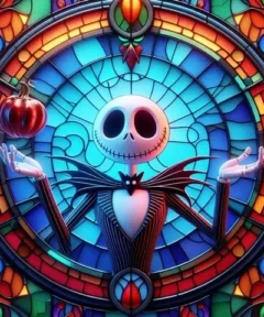 Un vibrante Cuadro Jack Skellington Diamond Painting 5D muestra una figura esquelética de fantasía en un estilo de vidriera, sosteniendo una calabaza, rodeada de patrones coloridos y luminosos.